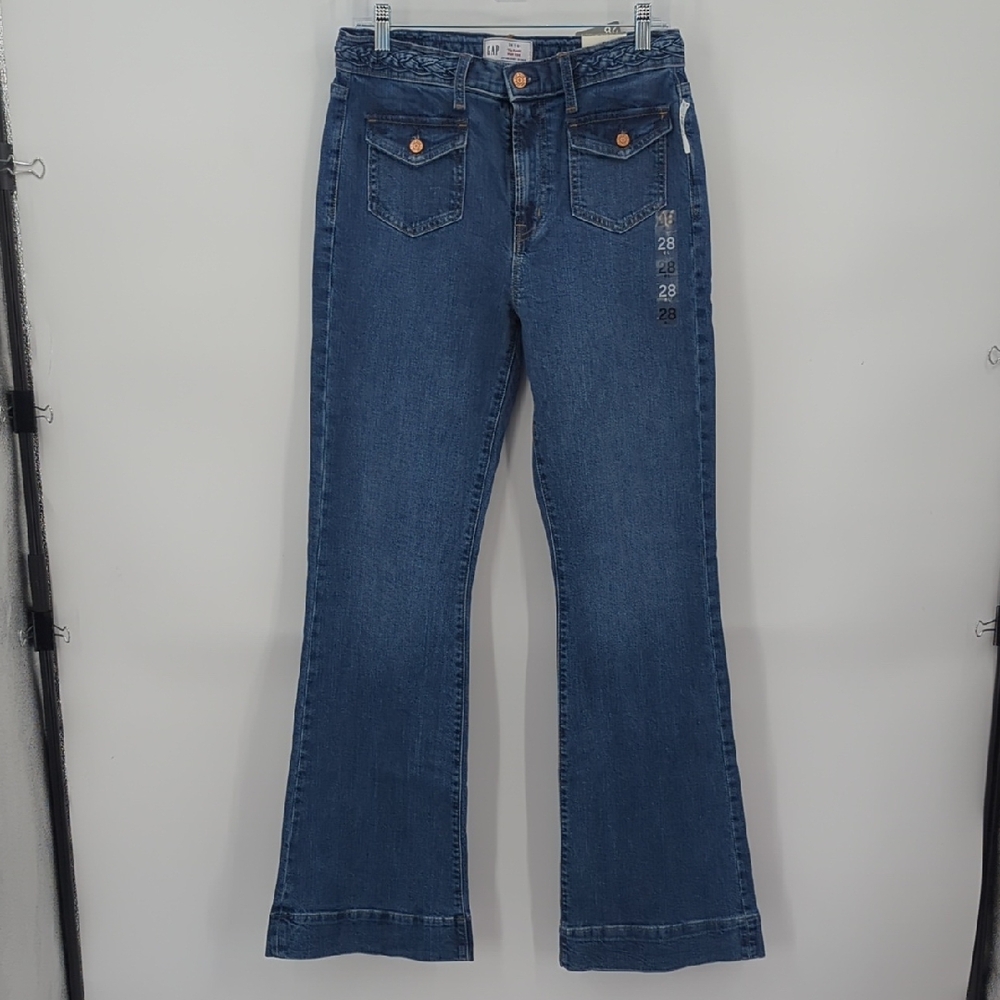 GAP *NWT* 28L High Rise '70s Flare Jeans, Medium Indigo Wash, Sz 28 Long